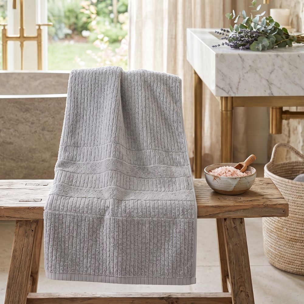 Premium Zero Twist Textured Stripe Bath Towel – Light Grey
