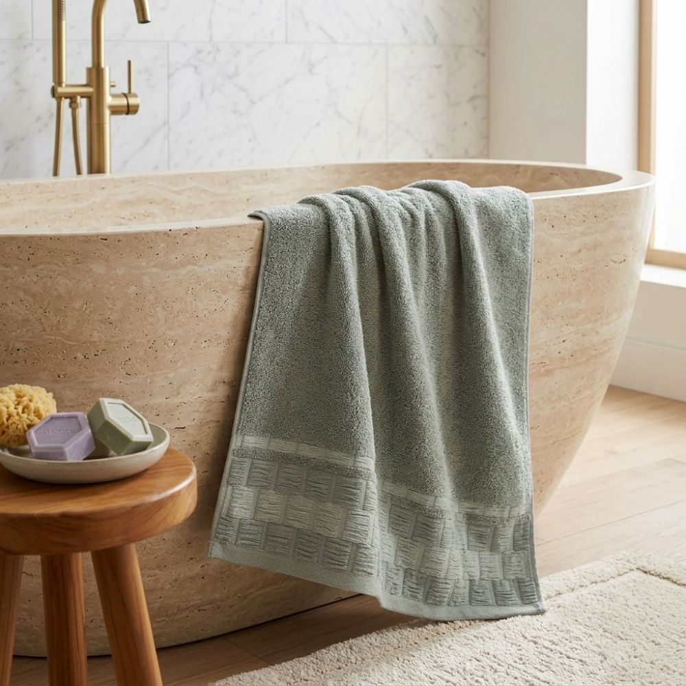 Premium Jacquard Border Bath Towel - Green