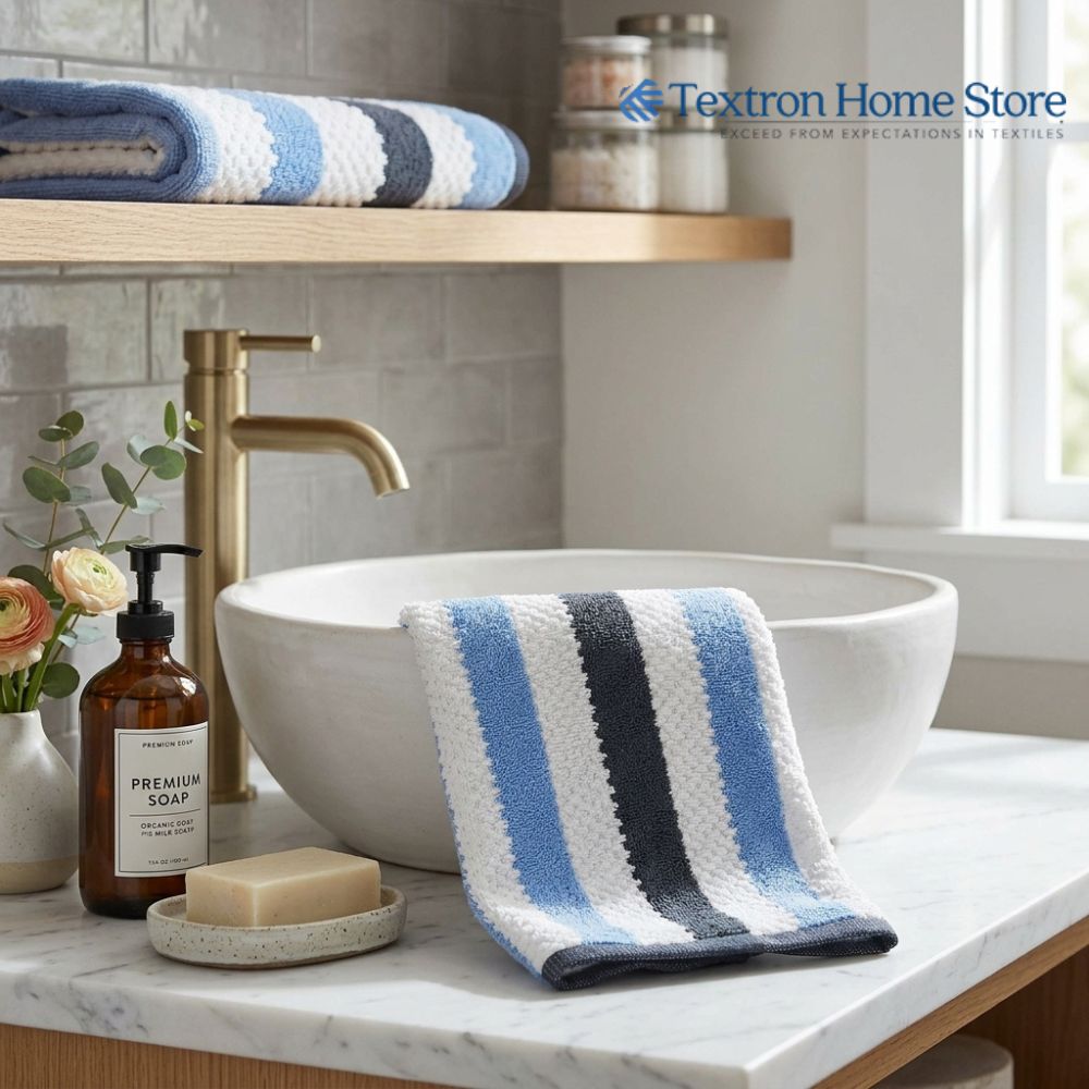Premium Multi-Stripe Bath Towel – White & Blue