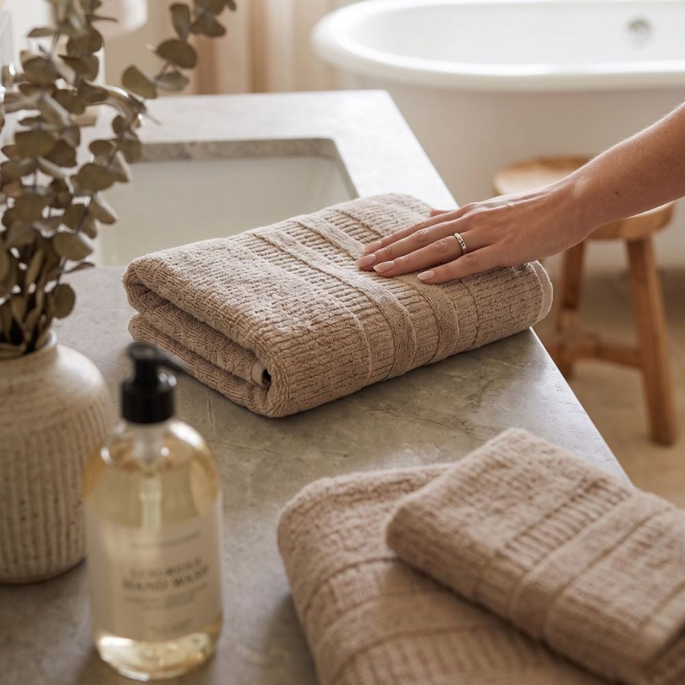 Premium Zero Twist Textured Stripe Bath Towel – Taupe