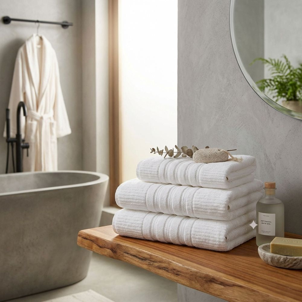 Premium Zero Twist Textured Stripe Bath Towel – White